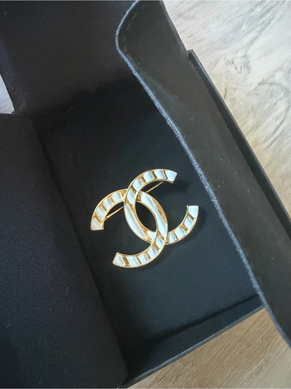 CHANEL Gold and Cream CC Logo Enamel Brooch